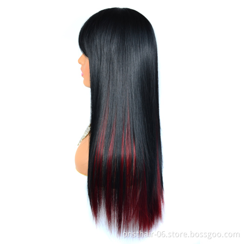 Black Mix Red Wigs Cosplay Long Bone Straight Hair Ombre Synthetic Wig With Bangs for Black Women Afro Heat Resistant Fibre